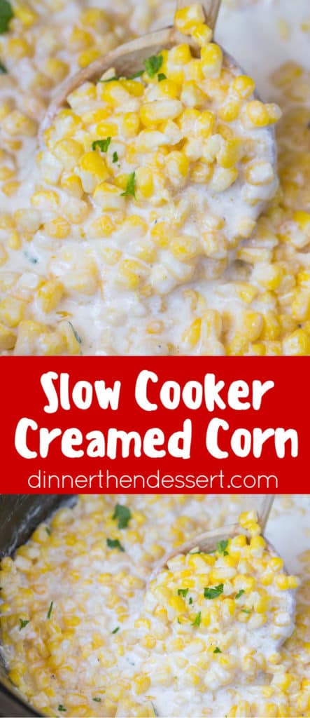 Slow Cooker Creamed Corn is super creamy, made with just a few ingredients and it won't take up any oven space or active cooking time when you're busy preparing for the holidays! dev.dinnerthendessert.com