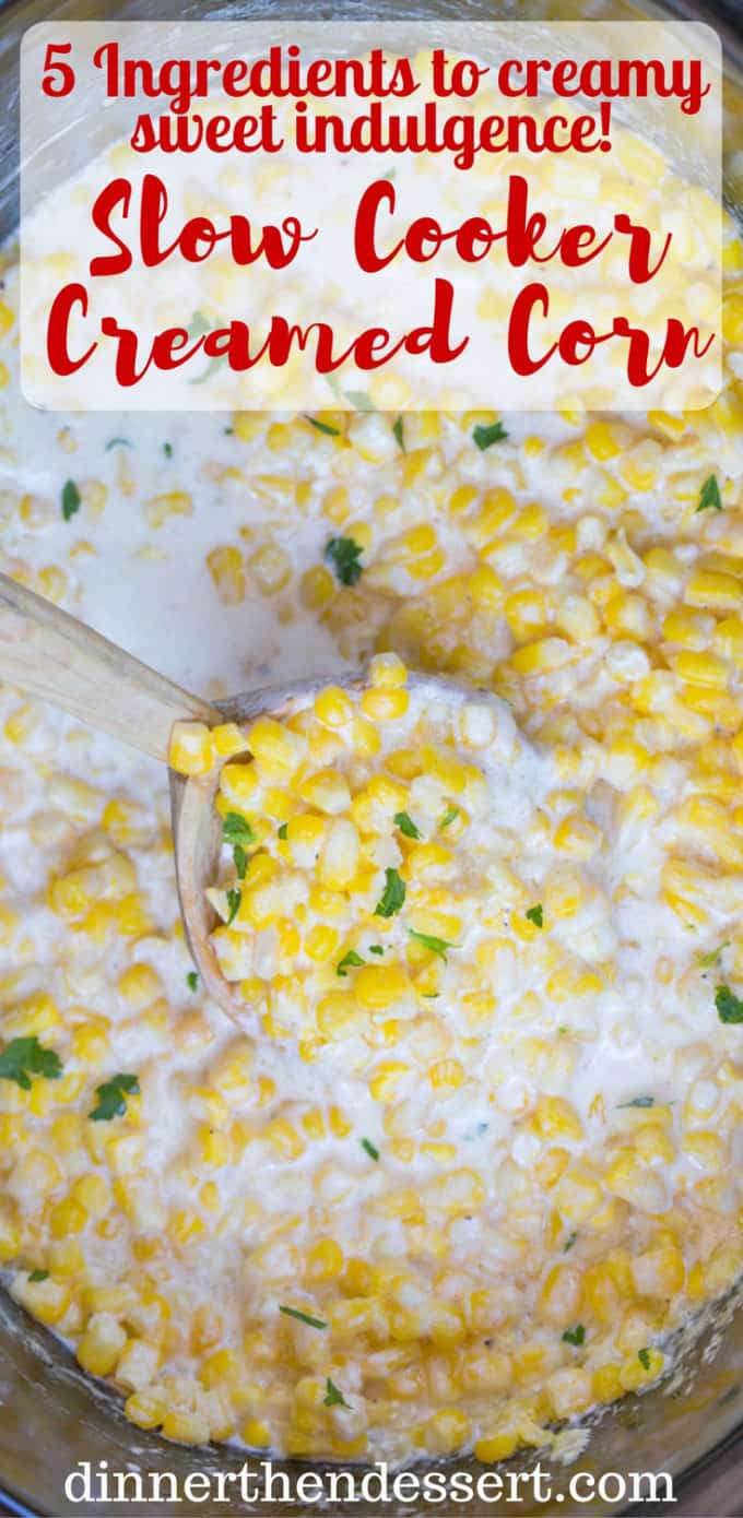 Slow Cooker Creamed Corn is super creamy, made with just a few ingredients and it won't take up any oven space or active cooking time when you're busy preparing for the holidays! dev.dinnerthendessert.com