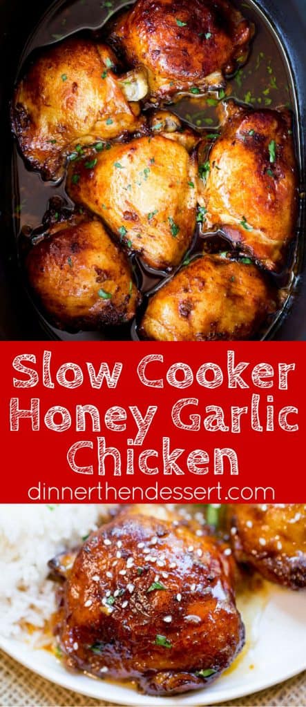 Slow Cooker Honey Garlic Chicken is the perfect weeknight meal with just five ingredients. Full of flavor and easy to make with pantry ingredients and almost no prep!