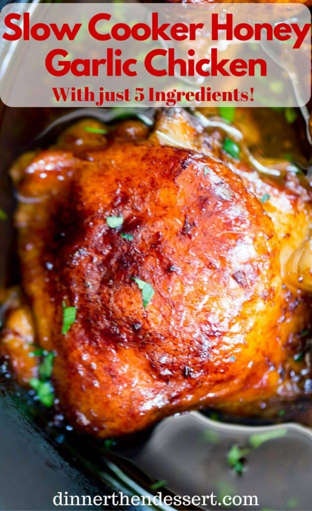Slow Cooker Honey Garlic Chicken is the perfect weeknight meal with just five ingredients. Full of flavor and easy to make with pantry ingredients and almost no prep!