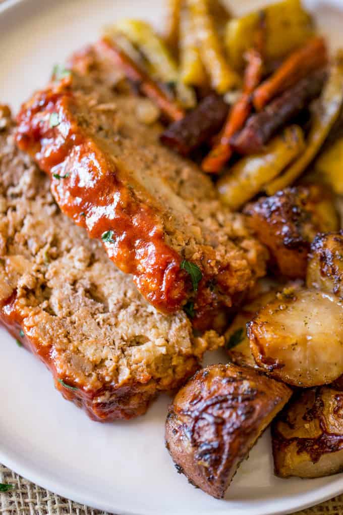 Sliced Brown Sugar Meatloaf with tangy meatloaf topping