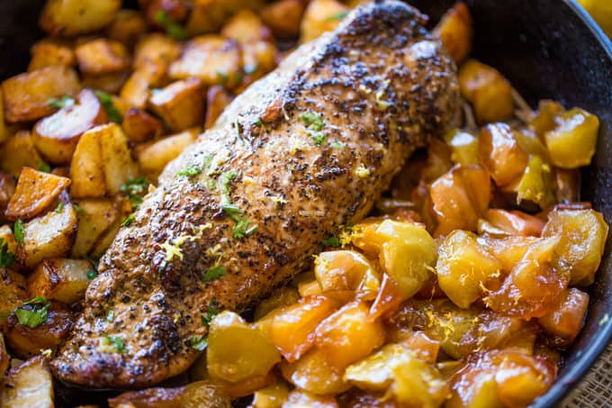 Honey Apple Pork with Potatoes made in a cast iron skillet is the perfect fall meal celebrating honey, apples, roasted potatoes with almost no cleanup and only 7 ingredients.