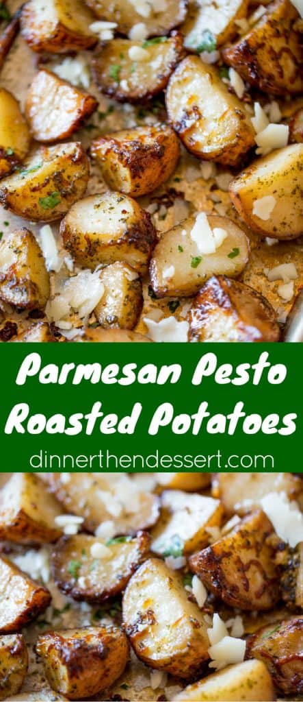 Parmesan Pesto Roasted Potatoes are ready for roasting in minutes with red potatoes, basil pesto, olive oil and Parmesan Cheese. dev.dinnerthendessert.com