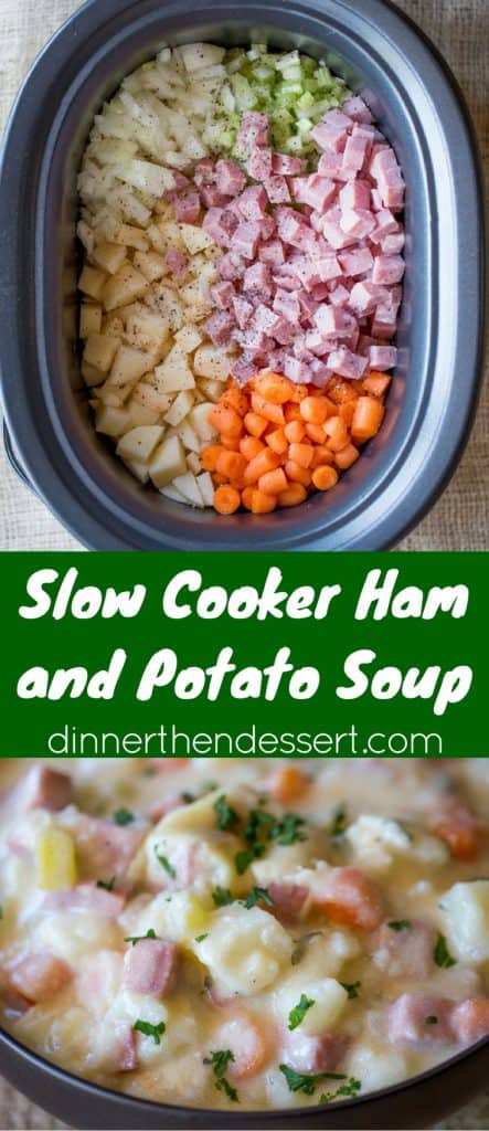 Slow Cooker Ham and Potato Soup that's creamy, full of vegetables and chunks of ham, finished off with milk and sour cream for a easy and delicious hearty soup.