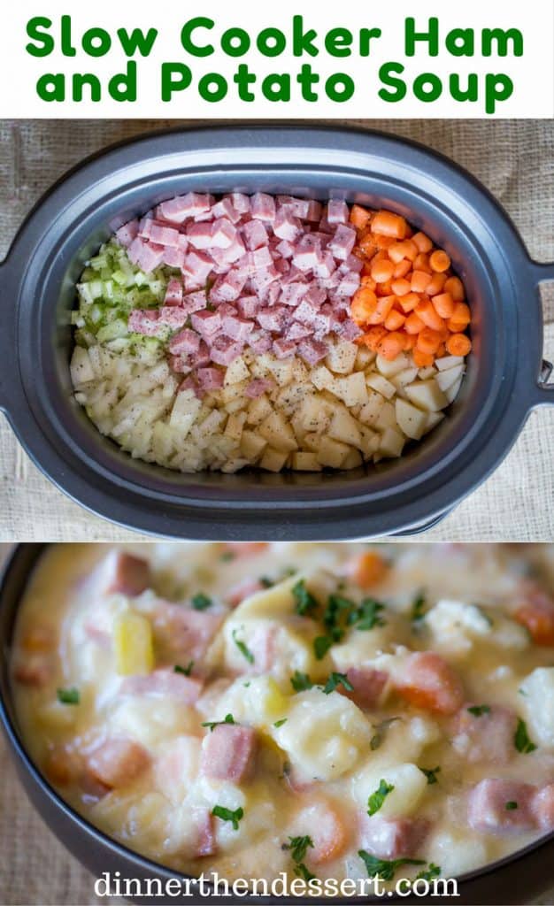 Slow Cooker Ham and Potato Soup that's creamy, full of vegetables and chunks of ham, finished off with milk and sour cream for a easy and delicious hearty soup.