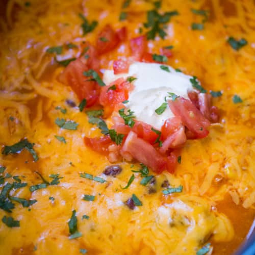 Slow Cooker Chicken Enchilada Dip takes just five minutes of prep with raw chicken, enchilada sauce and veggies topped with a bunch of deliciously melty cheddar cheese.