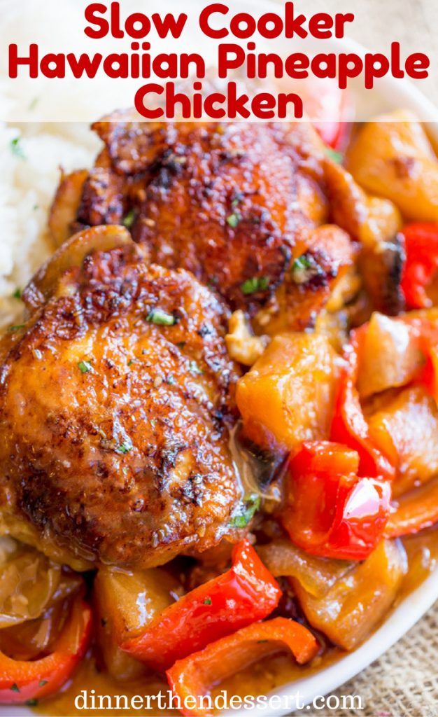 Slow Cooker Hawaiian Pineapple Chicken with crispy chicken thighs, fresh pineapple chunks, onions and bell pepper takes 15 minutes of prep and makes the perfect meal to come home to after a long workday!