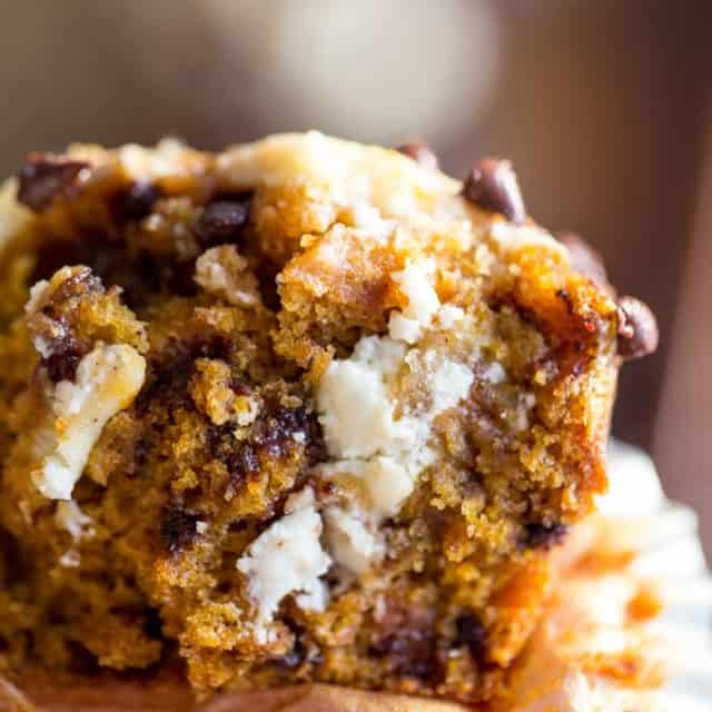 Chocolate Chip Pumpkin Cream Cheese Muffins are the perfect coffee shop or bakery style treat you'll love all year round full tangy, sweet and warm flavors.