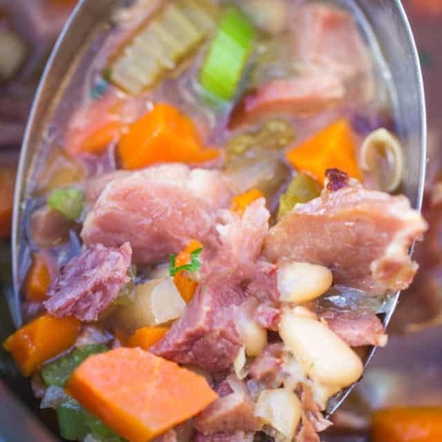Slow Cooker Ham and White Bean Soup is the perfect recipe to make after you've enjoyed your holiday ham and want a cozy warm soup to help you recover from all the holiday cooking you just survived!