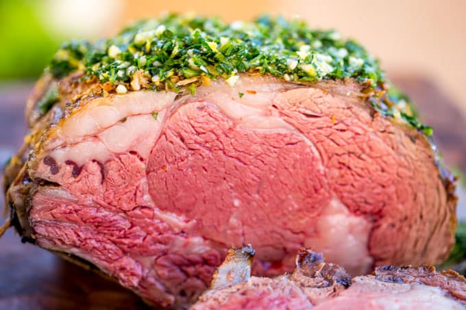 Garlic Prime Rib that has been perfectly cooked and seasoned