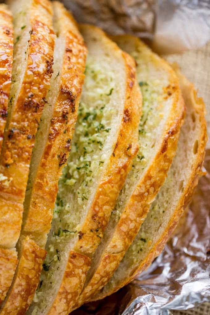 Garlic Bread Loaf made with a pre-sliced loaf of bread 