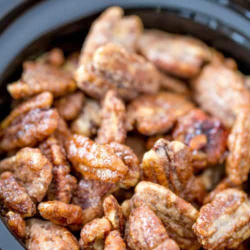 Slow Cooker Candied Cinnamon Pecans are a total breeze to make and will leave your house smelling absolutely delicious! Plus they double as amazing holiday gifts you can make in bulk!