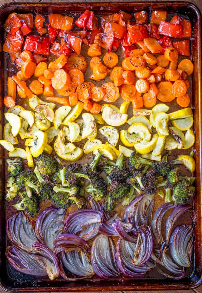 Rainbow Roasted Vegetables are the perfect way to enjoy eating healthy, colorful vegetables for adults and kids! Makes a perfect side for quick meals or dinner parties where you want to impress!