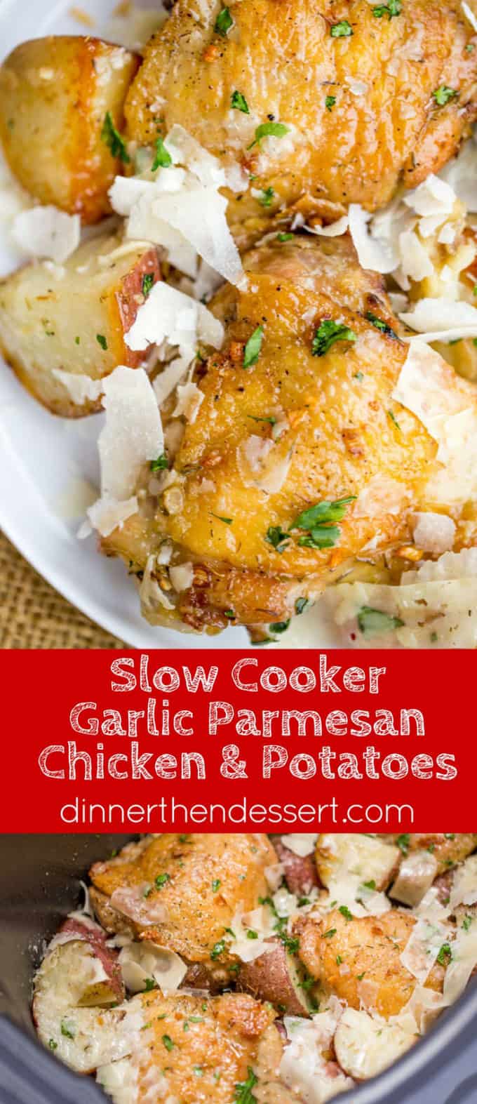 Slow Cooker Garlic Parmesan Chicken and Potatoes takes just a few minutes of prep and five ingredients. Crisp chicken thighs, buttery red potatoes and shaved Parmesan cheese make the perfect easy weeknight meal.