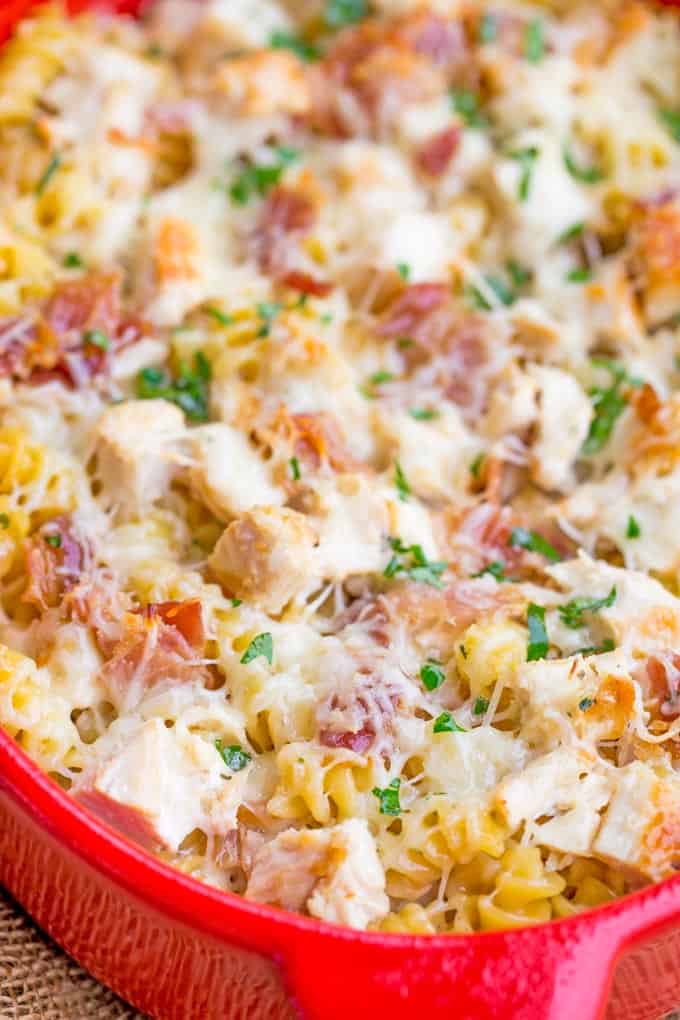 Chicken Bacon Ranch Pasta Bake is an easy casserole with creamy alfredo sauce with ranch flavors, chicken, bacon and pasta all baked together for a perfect weeknight meal.