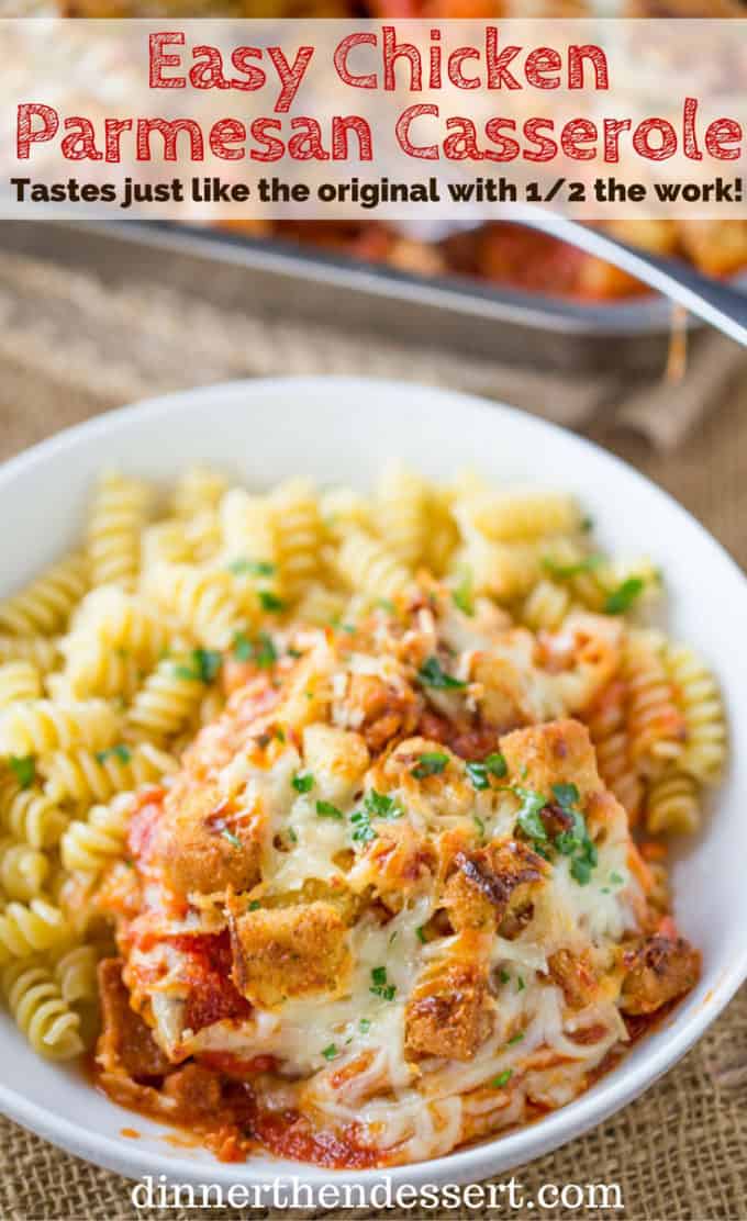 Chicken Parmesan Casserole is a quick weeknight meal that is ready to bake in ten minutes with mozzarella, Parmesan, tomato sauce and a crouton crunch topping for the perfect Chicken Parmesan flavor!