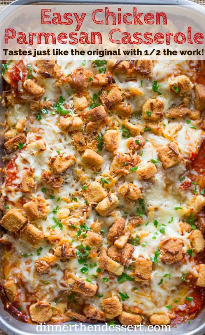 Chicken Parmesan Casserole is a quick weeknight meal that is ready to bake in ten minutes with mozzarella, Parmesan, tomato sauce and a crouton crunch topping for the perfect Chicken Parmesan flavor!