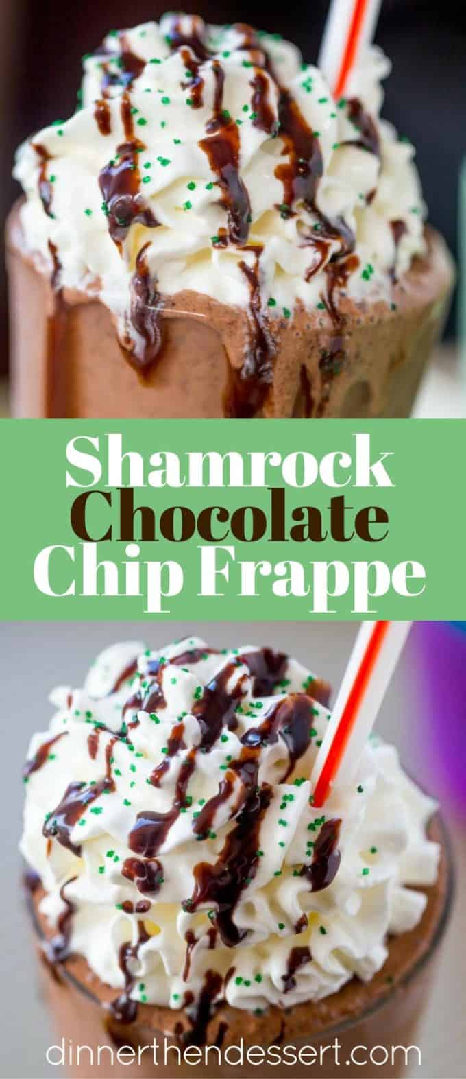 McDonald's Shamrock Chocolate Chip Frappe has a mocha caramel base with mint and chocolate chips blended in for a mint mocha frozen treat you'll love topped with chocolate sauce and whipped cream.
