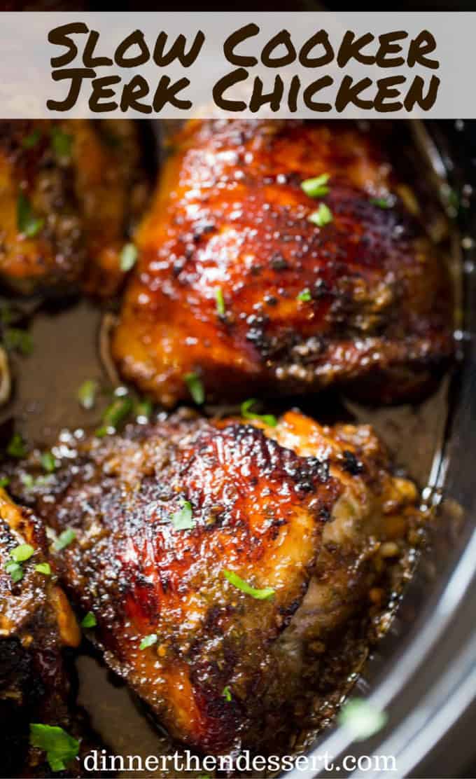 Slow Cooker Jerk Chicken is a quick recipe with fantastic authentic Jamaican flavors of peppers, onions, allspice and cloves and with no mess to clean up.
