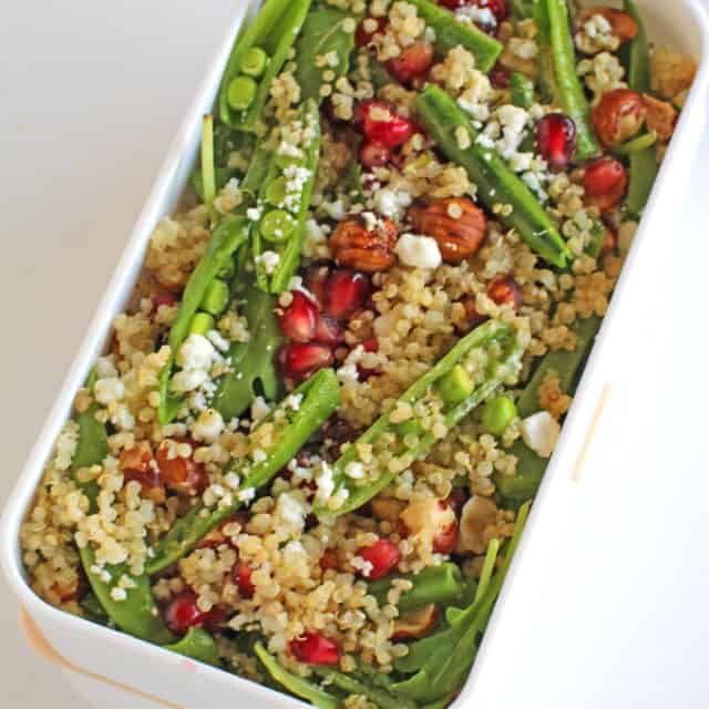 Pomegranate Quinoa Salad with Tea Vinaigrette with crunchy hazelnuts, creamy goat cheese and fluffy quinoa is a delicious and healthy lunch option you'll love.