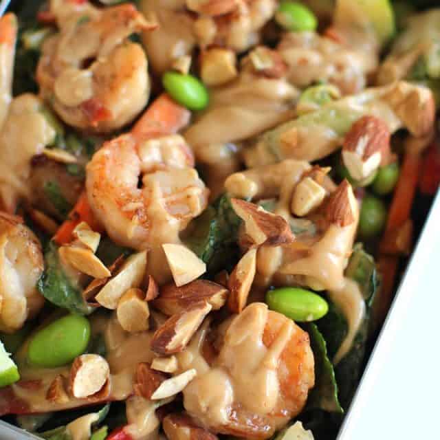 Shrimp Thai Crunch Salad made with a delicious and EASY peanut sesame dressing and topped with crispy shrimp and crunchy almonds. The perfect salad you'll crave everyday!