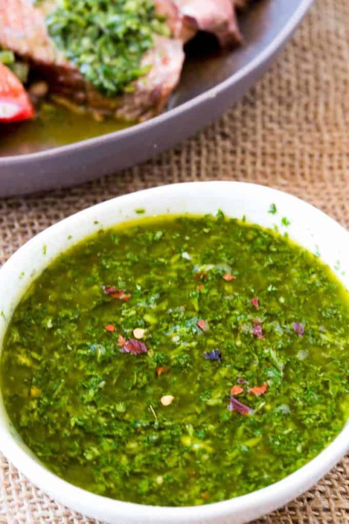 Chimichurri in bowl to use as sauce or marinade
