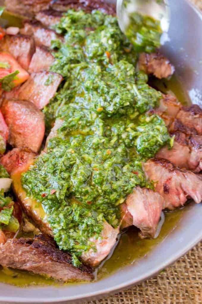 Chimichurri marinade or sauce served with meat