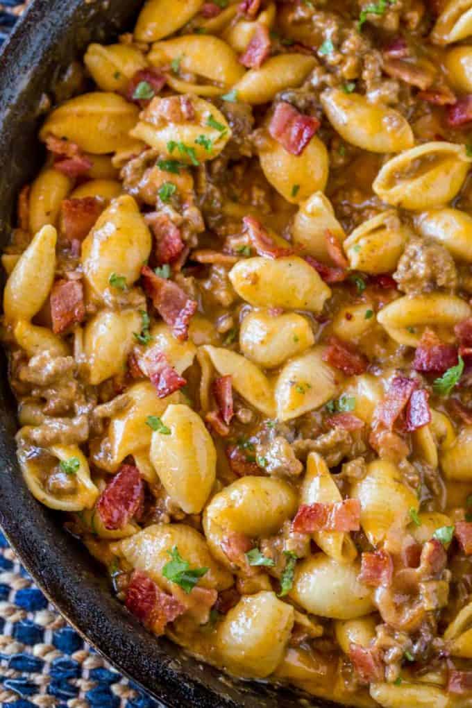 We love this Bacon Cheeseburger Hamburger Helper so much it went in our monthly rotation!
