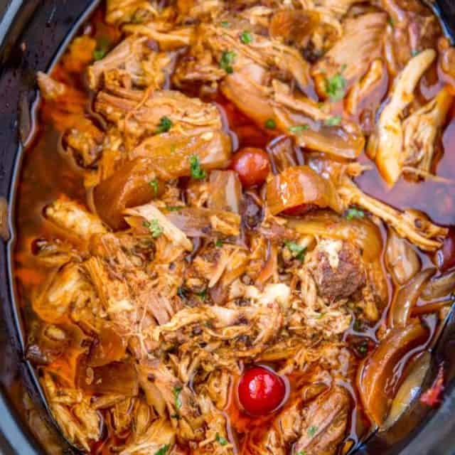Slow Cooker Dr. Pepper Pulled Pork is sweet and spicy with brown sugar, and sweet with cherries and brown sugar.