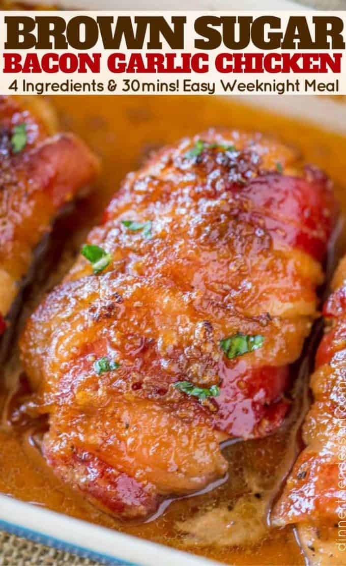 We've made this recipe twice in one week! EASY Bacon Brown Sugar Garlic Chicken with just 4 ingredients!