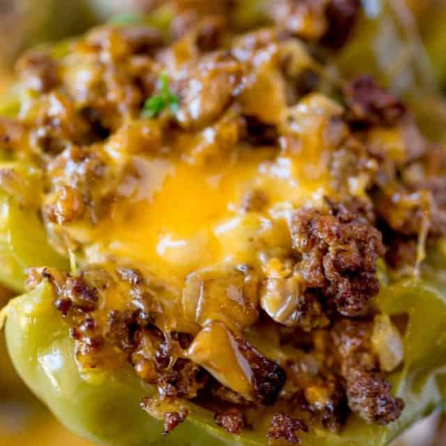 Philly Cheesesteak Stuffed Peppers with all the classic cheesesteak flavors of beef, onions, peppers and cheese.
