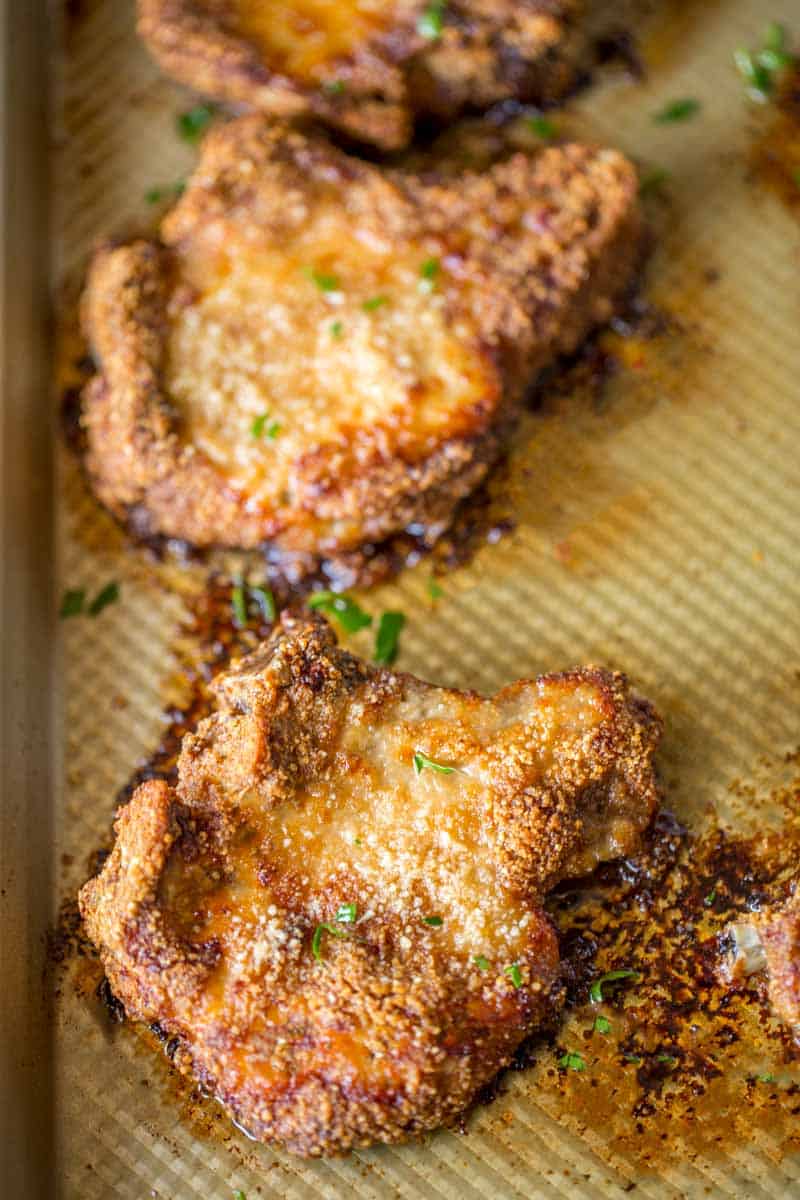 Shake and Bake Pork Chops with homemade shake and bake mix baked on a sheet pan. A perfect homemade natural copycat with dinner done in just 30 minutes.