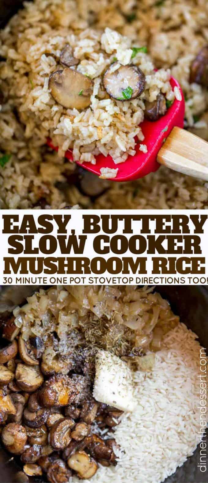Slow Cooker Mushroom Rice with mushrooms, caramelized onions and thyme is a deliciously buttery addition to your holiday meals! Stovetop directions too.