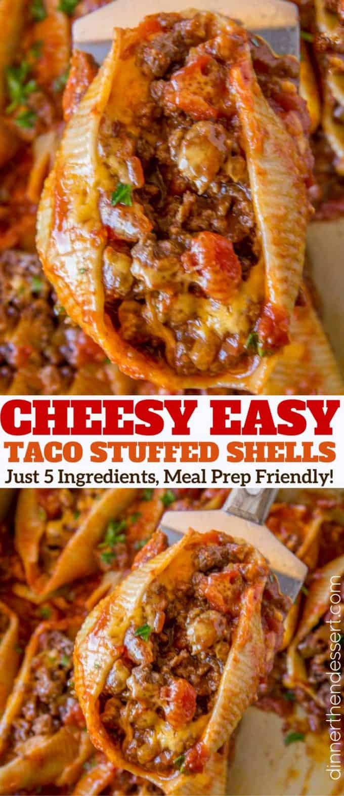 Cheesy Taco Stuffed Shells made with jumbo pasta shells, salsa, cheese and taco meat are the perfect EASY weeknight meal that you can prepare ahead of time too!