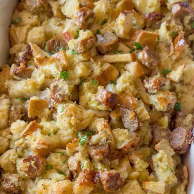 Sausage Dressing made in the oven with apples and sage. The perfect classic recipe.