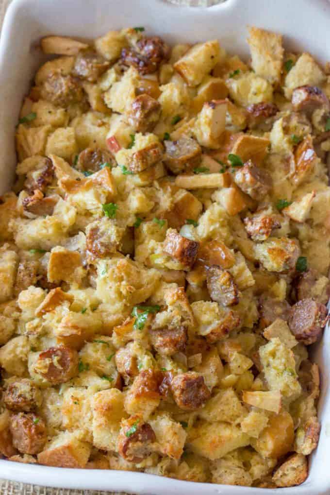 Sausage Dressing made in the oven with apples and sage. The perfect classic recipe.