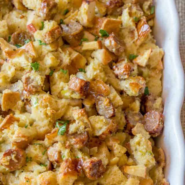 Easy Apple Sausage Stuffing is crispy on the top and tender in the center. The perfect Thanksgiving side dish.