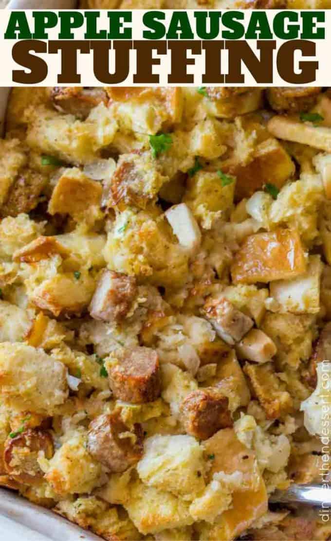 Easy Apple and Sausage Stuffing made with sage and celery is the classic dressing recipe you grew up eating. #thanksgiving #christmas #holiday #recipe #stuffing #sausagestuffing dev.dinnerthendessert.com