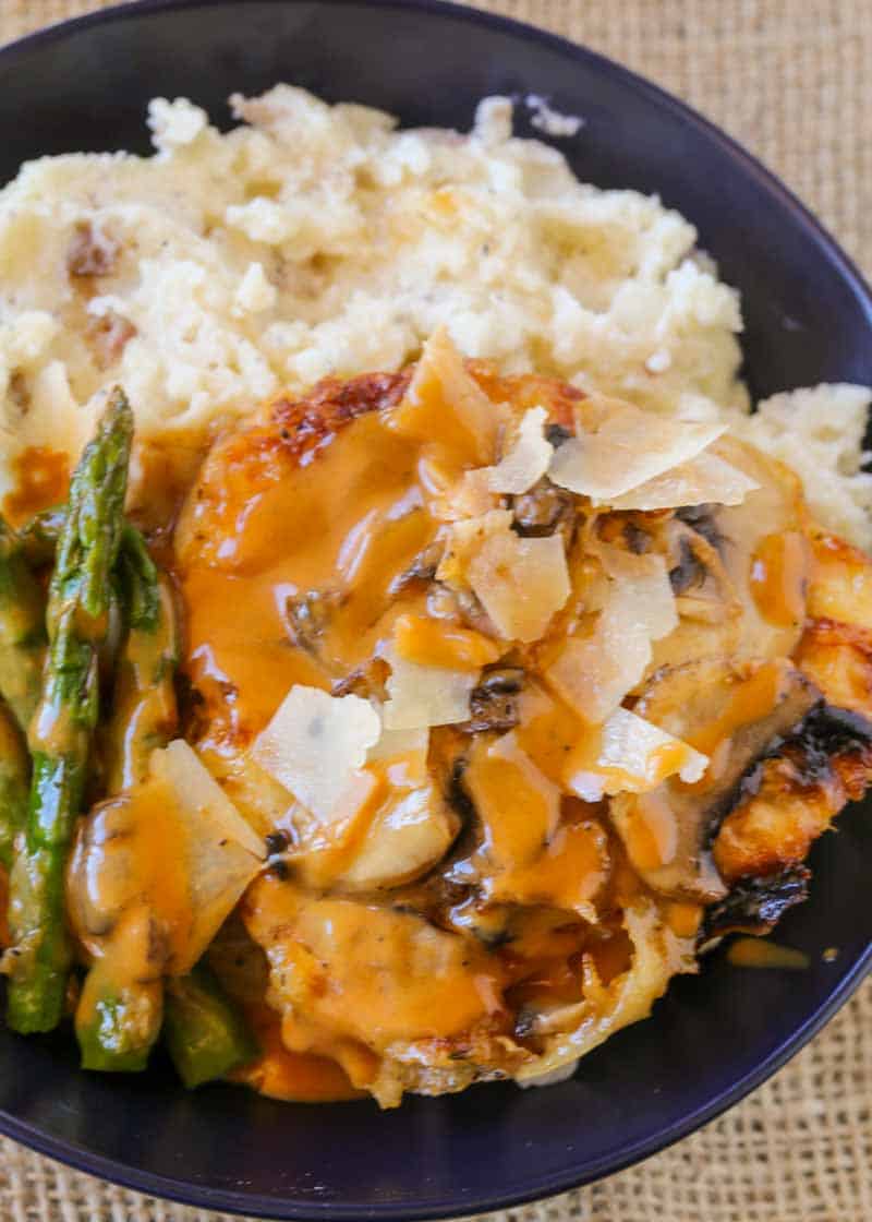 Cheesecake Factory's most popular chicken dish! Chicken, mushrooms, asparagus, cheese and a buttery madeira wine sauce. Perfect copycat!