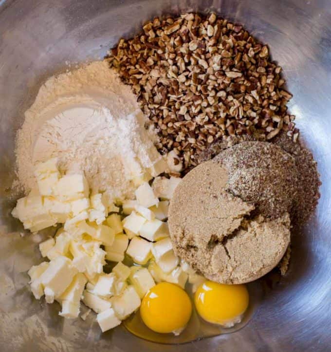 Pecan Pie Muffins Ingredients in a Metal Bowl