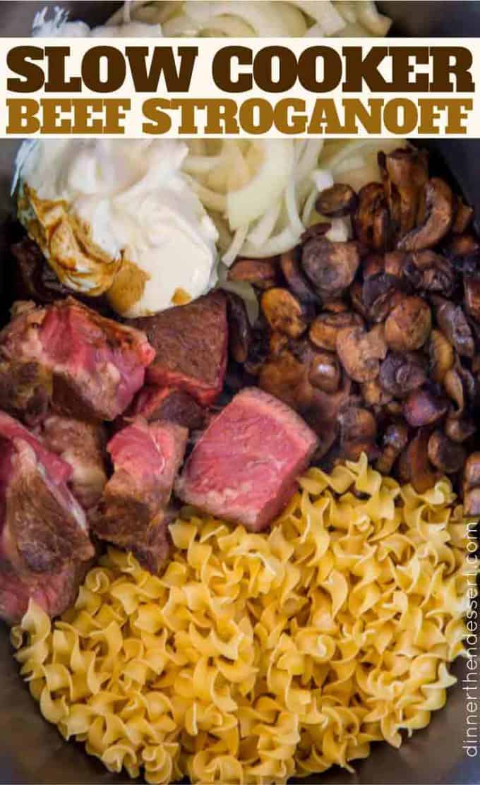 Make your entire Slow Cooker Beef Stroganoff in the slow cooker with creamy mushroom sauce and super TENDER beef.