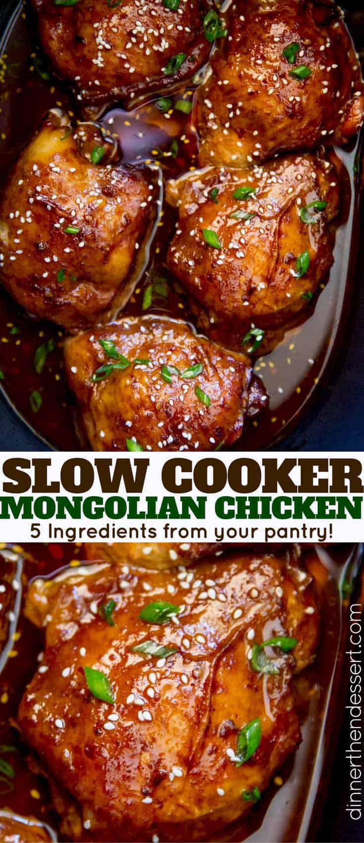Slow Cooker Mongolian Chicken is a set it and forget it five ingredient recipe that is sweet, spicy, and full of garlic and ginger flavors!