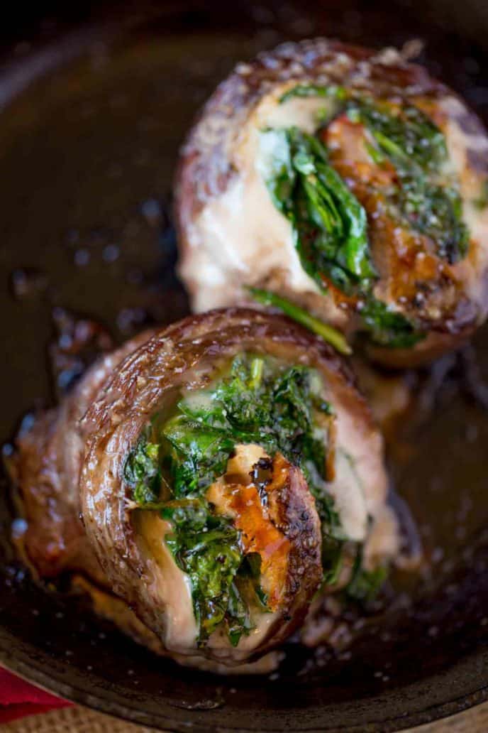 Delicious stuffed flank steak in just 30 minutes made in a cast iron skillet.