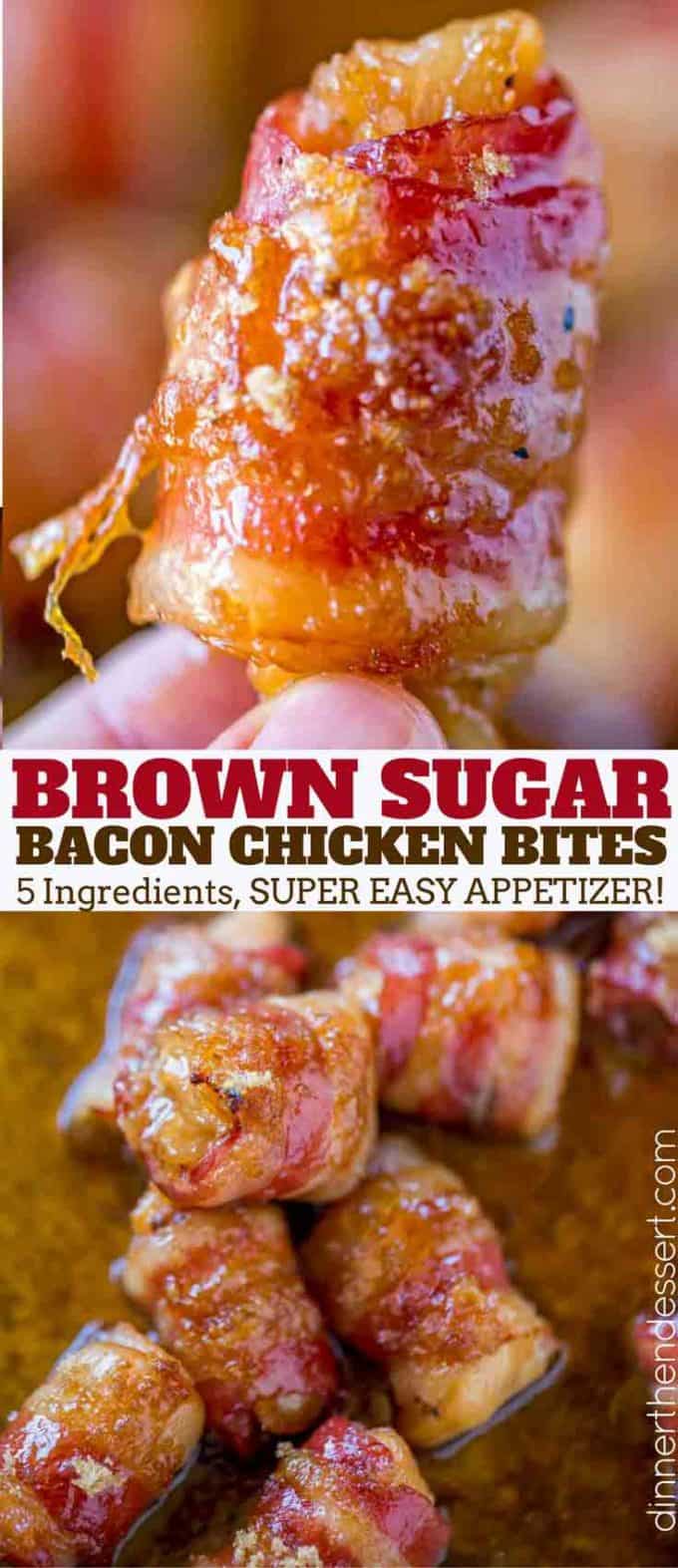 Bacon Brown Sugar Chicken Bites are the perfect salty, sticky, sweet and crispy appetizer for the holidays and game day with just five ingredients!