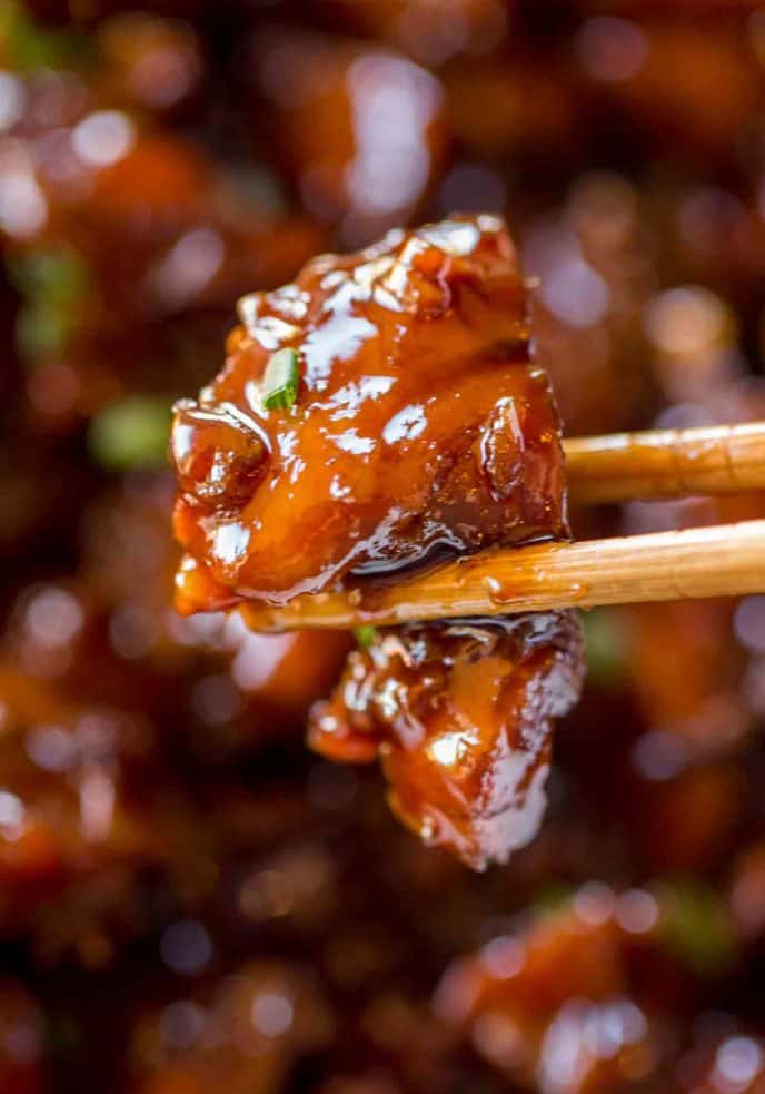 Bourbon Chicken. This chicken is so deliciously sweet and sticky and has a deep bourbon flavor with hints of the apple juice. It's good. Super good.