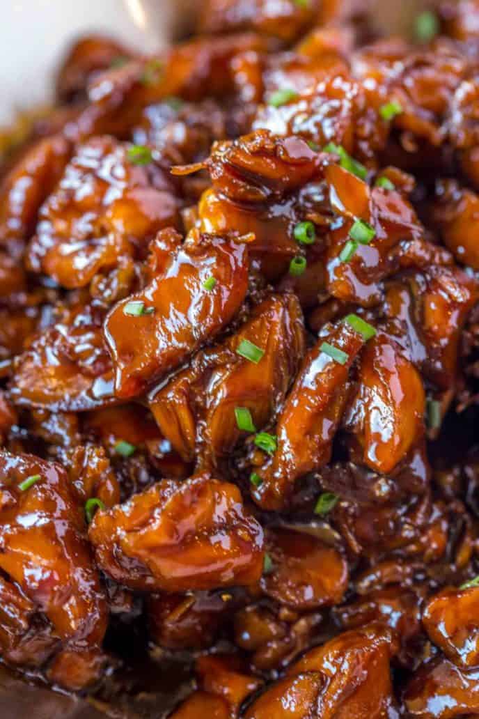 Easy Bourbon Chicken that's crispy, sweet, sticky and tastes just like the kind you grew up eating at the mall!
