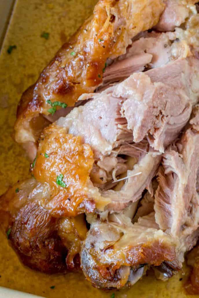 Totally tender and crispy roasted turkey thighs in the oven for the easiest Thanksgiving dinner ever!