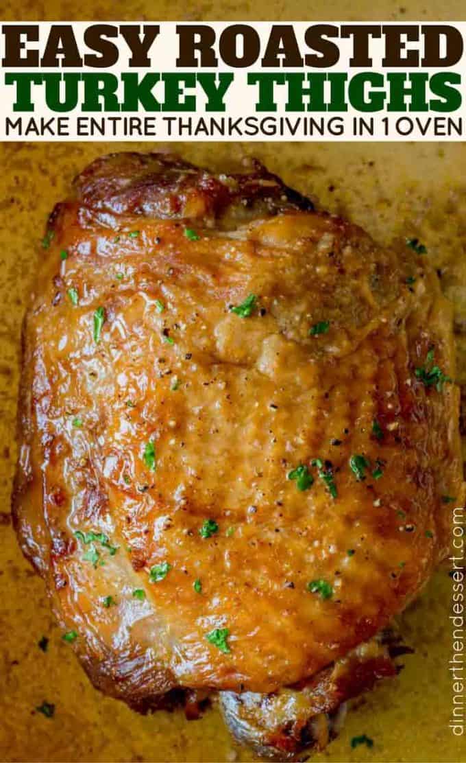 Easy Roasted Turkey Thighs make a small Thanksgiving meal a one oven dinner. Tender, browned, crispy skin and easy to make, they'll cook quickly! #turkey #thanksgiving #holidays #smallbatch #recipe