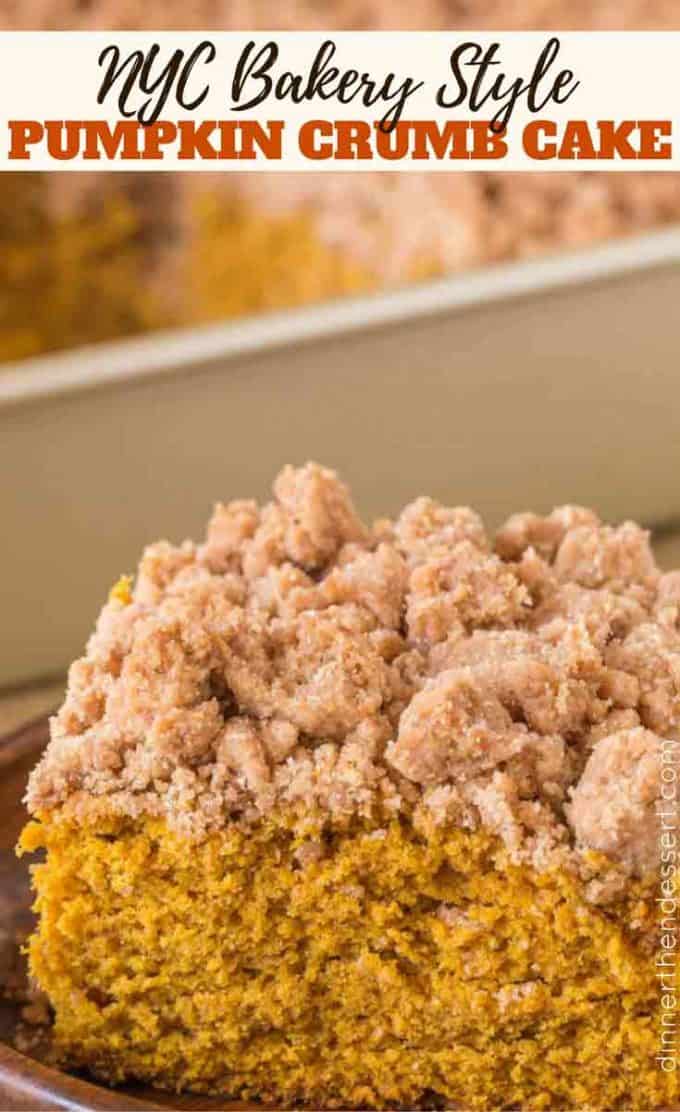 Pumpkin Crumb Cake with a New York Bakery Style giant brown sugar crumble topping is a fall bakery treat you'll enjoy for breakfasts all winter long. #pumpkin #crumbcake #recipe #coffeecake dev.dinnerthendessert.com