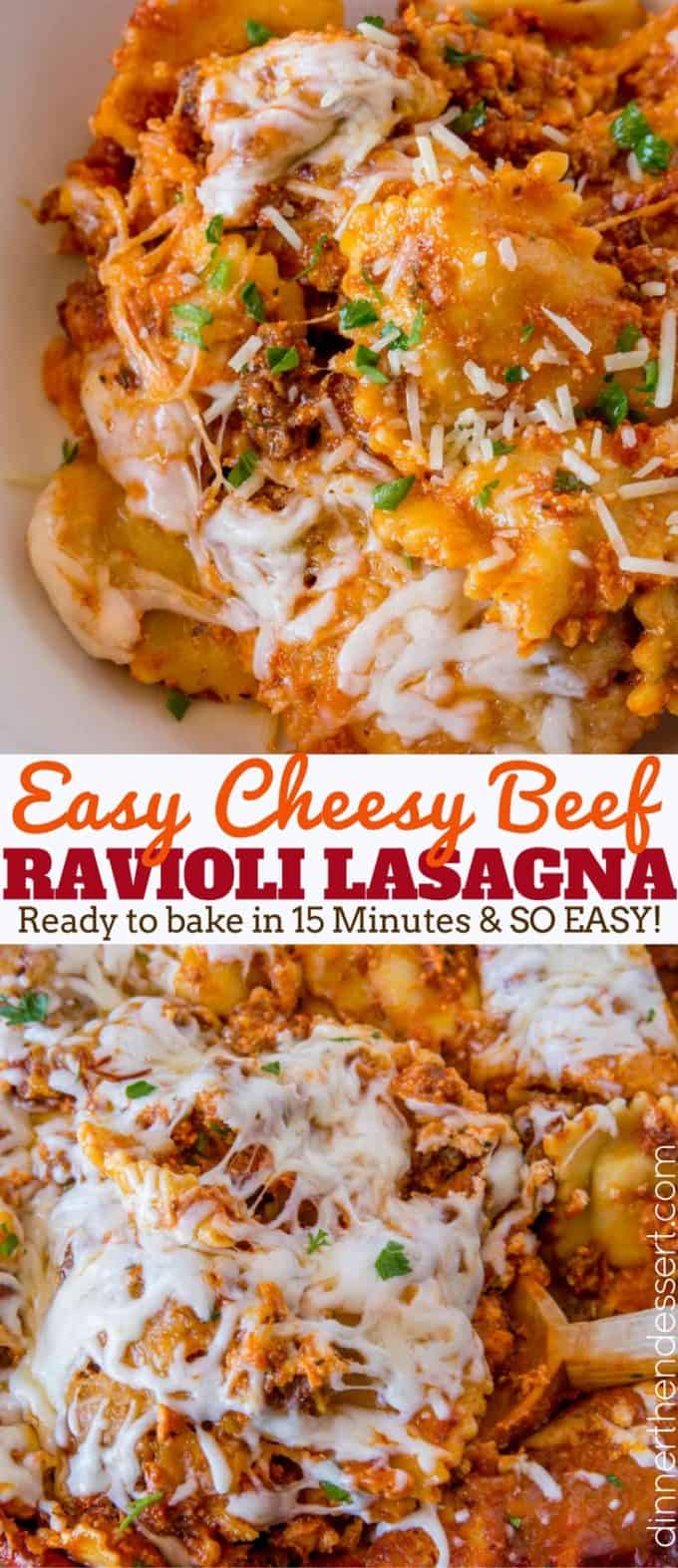 Easy Ravioli Lasagna Bake with three cheeses and ground beef is an easy weeknight meal you can prep ahead that tastes like lasagna with half the effort! #cheese #pasta #ravioli #lasagna #casserole